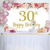 Lofaris Pink Floral Glitter Gold White 30th Birthday Backdrop